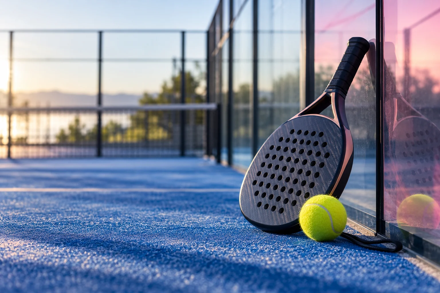 A padel racket and ball beside the court glass.